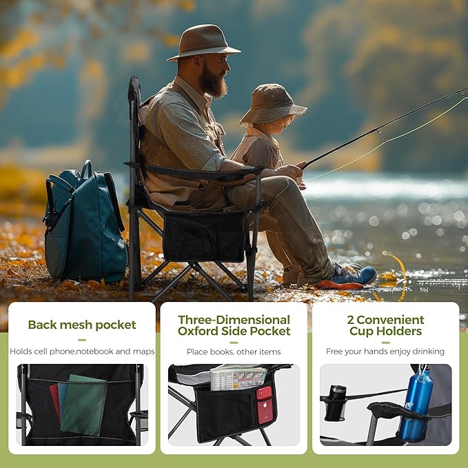 ALPHA CAMP Oversized Camping Folding Chair - Heavy Duty Steel Frame Support 350 LBS Collapsible Padded Arm With Cup Holder Quad Lumbar Back Portable for Outdoor/Indoor