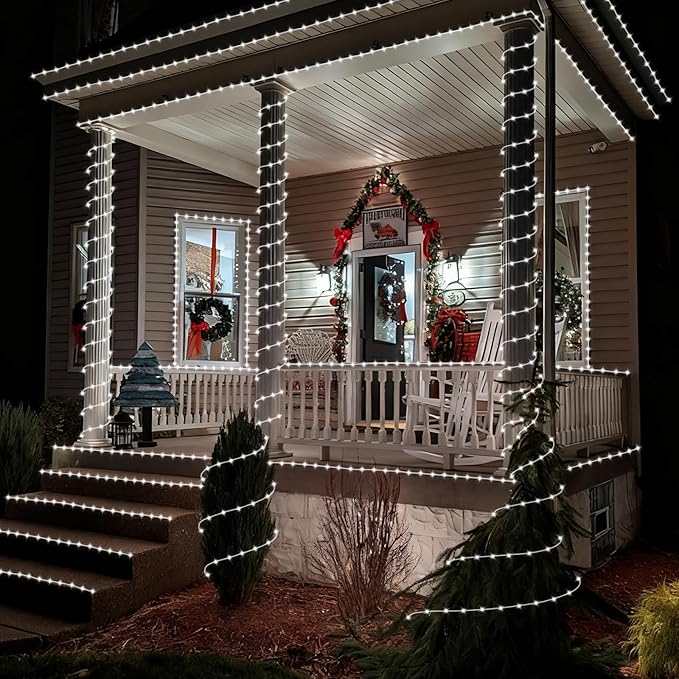 YEGUO Solar Christmas Light Outdoor Waterproof 66ft 200 LED White Rope Lights 8 Modes Tube String Lights in Clear Thin Tube