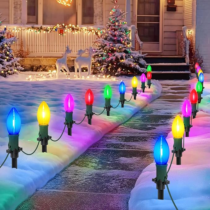 USOKYO 30Ft C9 Led Christmas Pathway Lights Outdoor 20 Multicolor Bulbs Waterproof Connectable Christmas Walkway Lights with Stakes for Yard Lawn Sidewalk Driveway Decorations