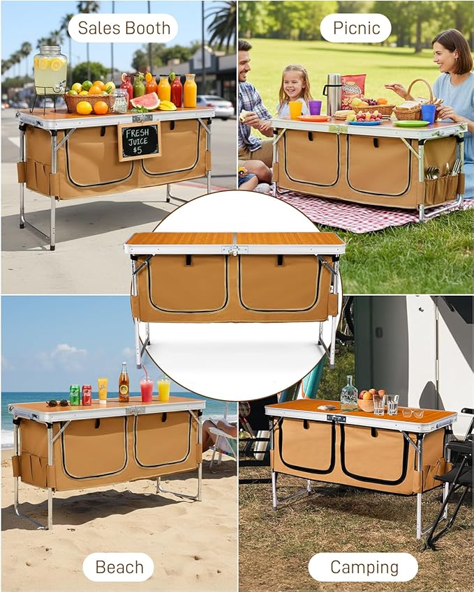 Outvita Folding Table 4FT Aluminum Camping Table with Large Storage Space and Adjustable Height Picnic Table Lightweight for Carring Outdoor Party Events Beach