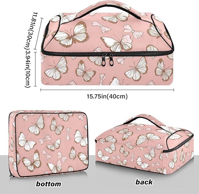 Casserole Carrier Elegance Pattern Pink ButterfliesInsulated Casserole Carrier for Hot or Cold Food Thermal Lunch Tote for Potluck Parties Picnic Beach Fits 9 x 13 Inches Baking Dish