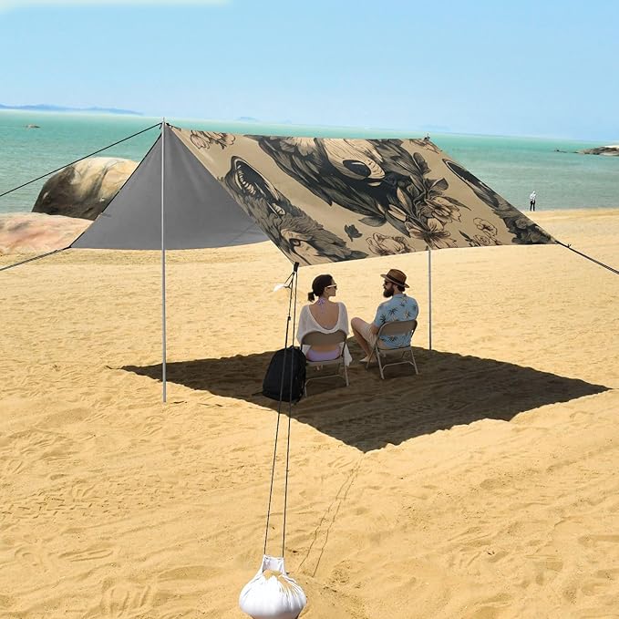 Vintage Wolf Pattern Beach Tent Sun Shelter 9.2' x 10.5' Beach Canopy with 4 Sandbags 4 Stability Poles Sand Shovels - Tent Canopy for Beach Camping Fishing Picnics