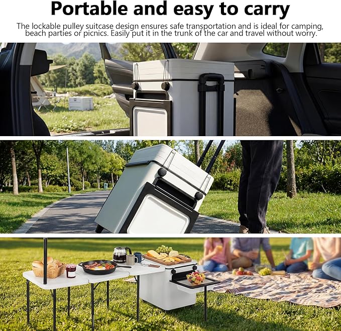 Portable Folding Camp Cook Station with Wheels Overland Camping Kitchen Table with Light Poles for Picnic Party Beach BBQ Cooking Indoor (Small)