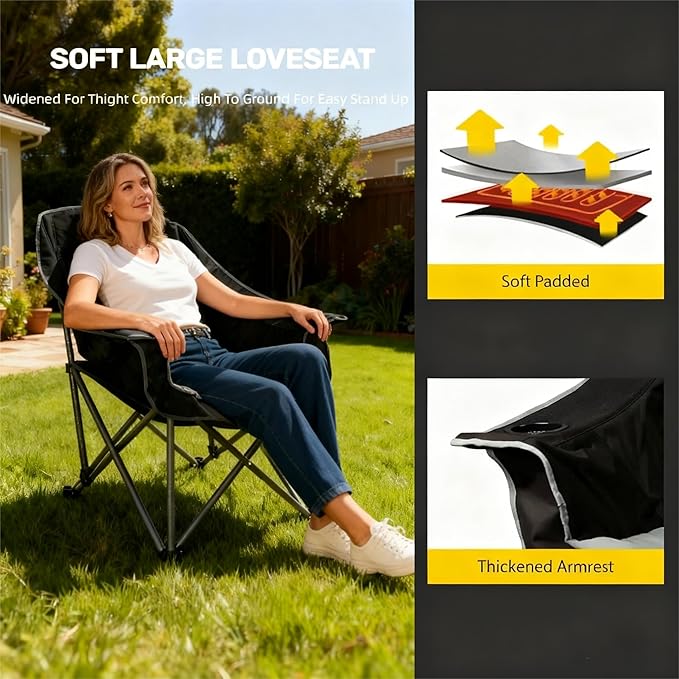 FAIR WIND 2 Pack Oversized Padded Camping Chair Heavy Duty Quad Fold Arm Chair Portable for Outdoor - Support 450LBS Black