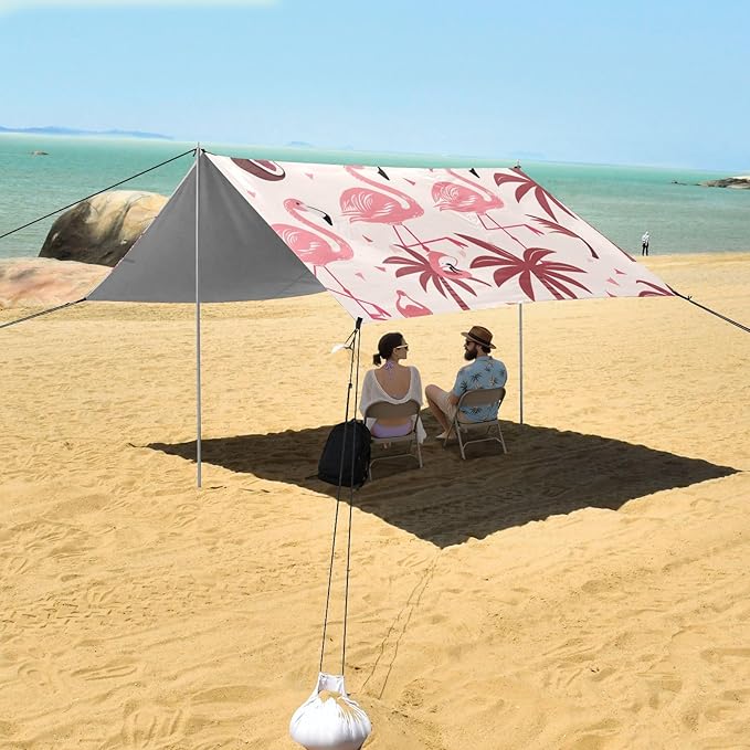 Beach Tent Sun Shelter Coconut Trees Flamingos Lightweight &amp Easy Setup Beach Shade Canopy for Camping Fishing