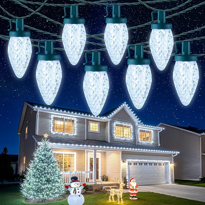 Brightown C9 LED Christmas String Lights 33ft 50 LED Waterproof Strawberry String Lights Plug-in Extendable Green Wire Lights String for Outdoor Indoor Patio Party Decoration (White)