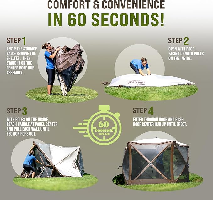CLAM Pop Up Screen Tent Outdoor Camping Gazebo Canopy Pavilion 12.5' Green - Heavy-Duty Portable Screened Shelter with Netting for Beach Patio and Backyard