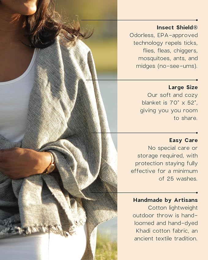 Bug Repellent Tranquil Blanket with Insect Shield Technology Repels Mosquitoes Ticks Flies and More in One of a Kind Handmade Khadi Cotton (Black)