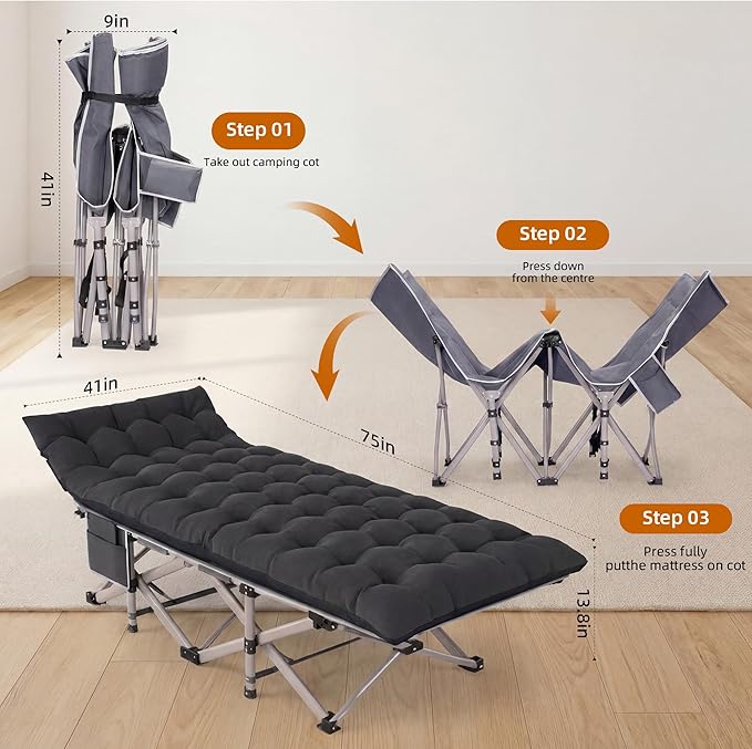 Camping Cot for Adults 2 Pack Heavy Duty Folding Sleeping Cots with Carry Bag Portable Camp Bed with Double Layer 1200D Oxford Fabric &amp Mattress Travel Cot for Camping Beach Patio Home Offic