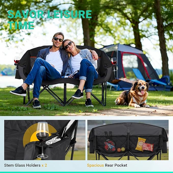 Overmont Oversized XLL Camping Chair for Adults - 850LBS Sopport Heavy-Duty Padded Folding Chair with Pocket Cup Holder Cooling Bag Wine Racks for Outdoor Sports Garden Beach Fishing Lawn Blk Loveseat