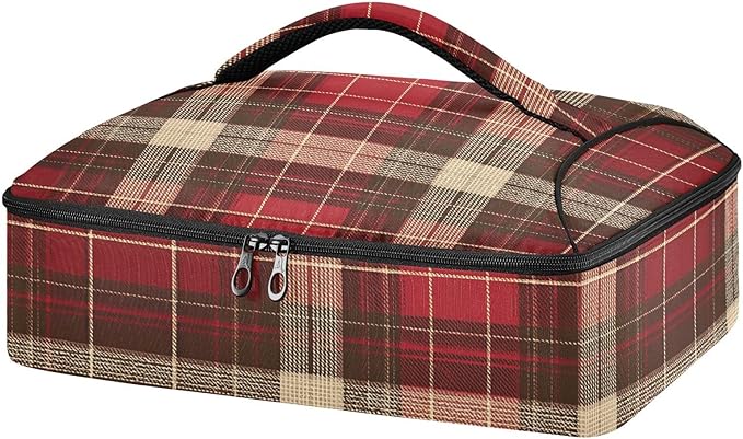 Casserole Carrier Red and Brown Tartan Insulated Casserole Carrier for Hot or Cold Food Thermal Lunch Tote for Parties Picnic Travel Carry Bag