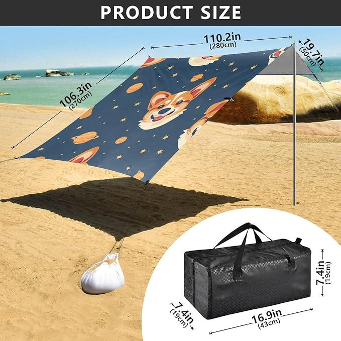 Space Cute Dogs Camping Sun Shelter Beach Tent Portable Beach Sun Shade Outdoor Canopy for Camping Trips Fishing Picnic