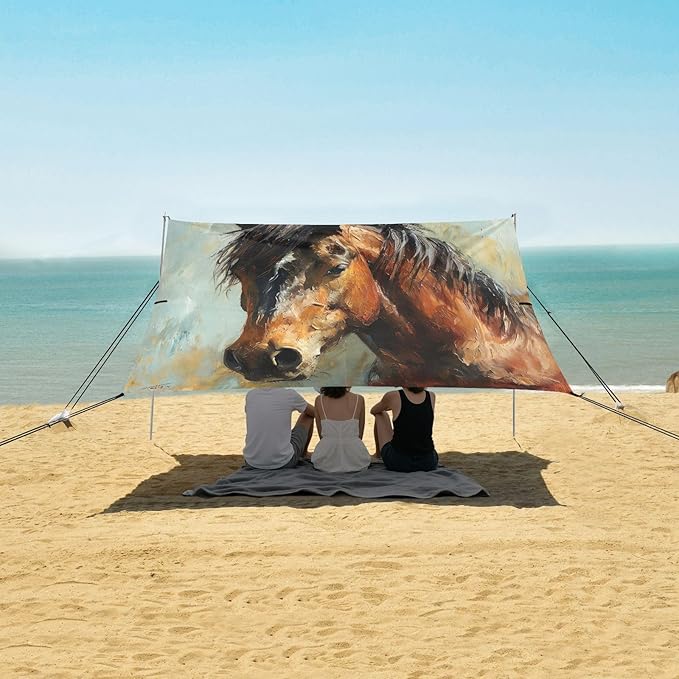 Oil Painting Horse Beach Tent Sun Shelter 9.2' x 10.5' Beach Canopy with 4 Sandbags 4 Stability Poles Sand Shovels - Tent Canopy for Beach Camping Fishing Picnics