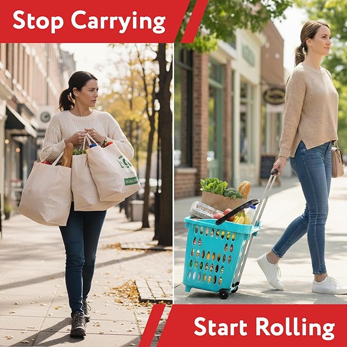dbest products Bigger GoCart Grocery Cart Rolling Shopping Laundry Basket on Wheels Hamper with Telescopic Handle Cleaning Caddy Trolley Teal Bigger 1 pack
