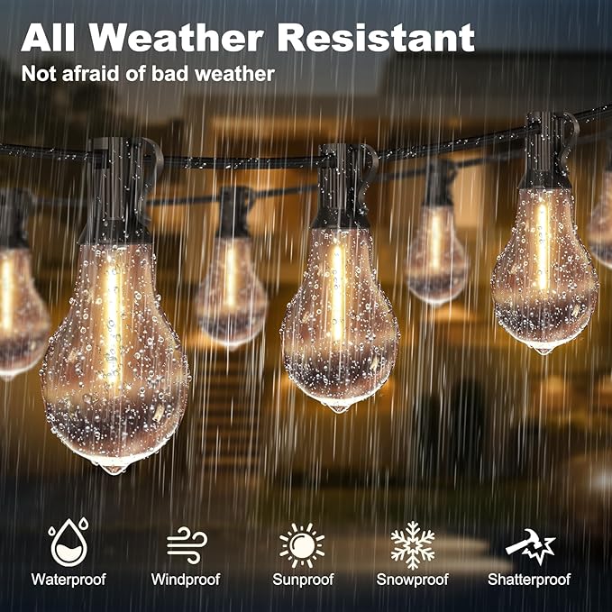 75FT Outdoor String Lights Waterproof with 50+4 Bulbs (1.5FT Bulbs Spacing) Remote &amp Dimmer Commercial Patio String Lights with 3 Mode Light &amp Timing 100PC Mounting Ties for Outside