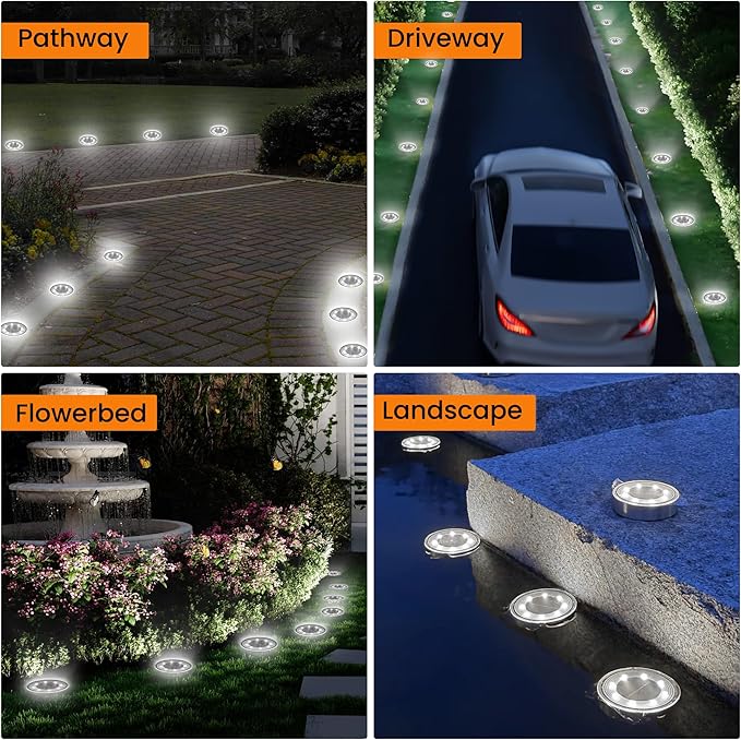Siatom Stainless Steel Solar Ground Lights 8 Pack IP68 Waterproof Solar In-Ground Light for Outdoor Flat Landscape Lighting Garden Disc Light for Pathway Walkway and Yard - 8 Pcs (Cold White)
