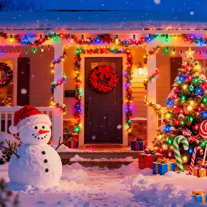 25FT C7 Christmas Lights Outdoor Clear Multicolor Christmas Lights with 27 Clear Colorful Bulbs (2 Spare) Hanging Vintage Christmas Light for Christmass Day Prom Party Wedding Decor Green Wire