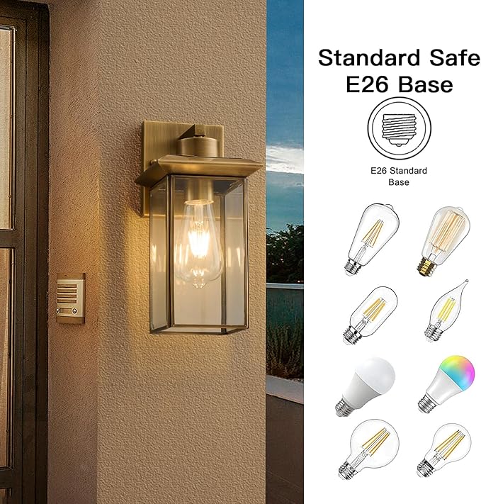 Brass Outdoor Wall Light Fixtures Exterior Waterproof Lanterns Porch Wall-Mounted Lights with E26 Socket and Glass Shade – Modern Rustproof Wall Sconces for Yard Front Door &amp Entryway.2-Pack