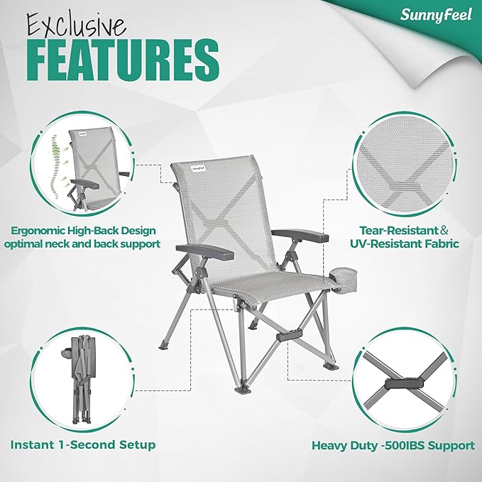 SUNNYFEEL Folding Camping Chair Heavy Duty Ergonomic Chairs Support 500lbs with Adjustable Breathable High Back Support and Cup Holder Aluminum Frame for Fishing Camp Beach Lawn RV Patio