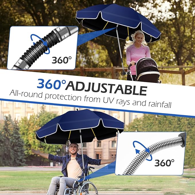48.8 inch Beach Umbrella with Clamp Sun Shade for Beach Chair 360°Adjustable UV Protection Golf Umbrella with Clip for Outdoor Stroller Wheelchair Camping Chair（ink blue）