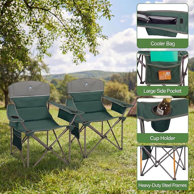 CAMPHILL Oversized Camping Chairs 2 Pack - Heavy Duty 400LBS Padded Lawn Chair with Cooler BagCup HolderSide PocketCollapsible for OutdoorCampFishing &amp GardenDark Green