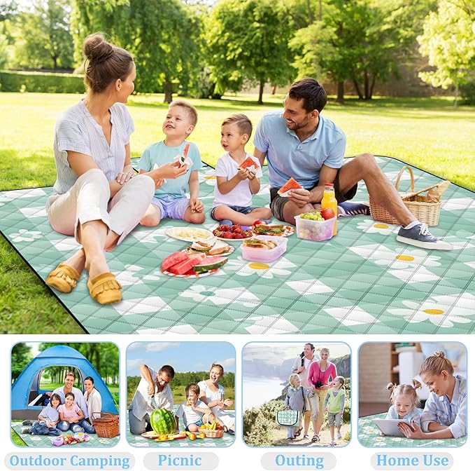 Extra Large Picnic Blanket Waterproof80x 80Foldable Machine Washable Beach BlanketOutdoor Blanket for 6-8 AdultsSuitable for Indoor CrawlingPark BeachCampingHikingFamily Travel(Light green)