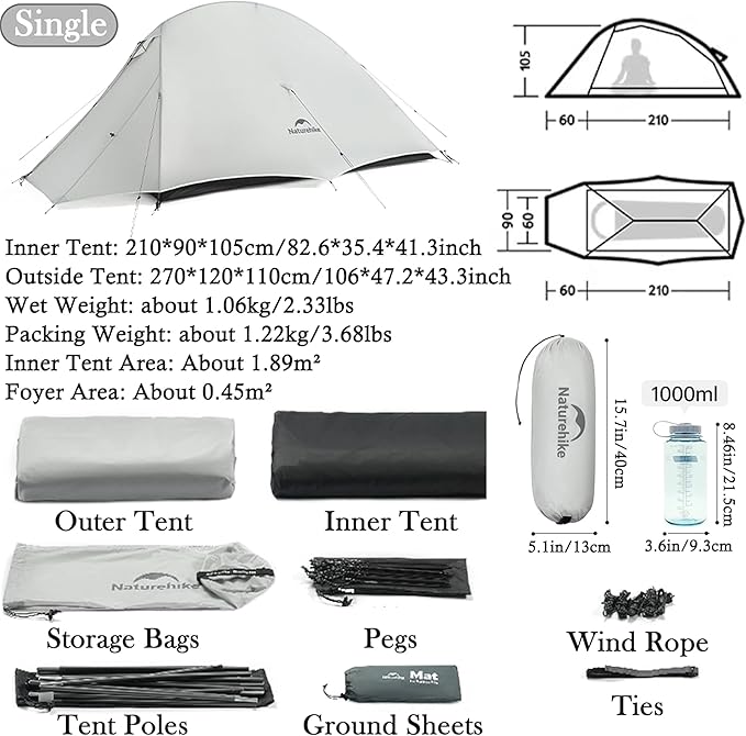 Naturehike 1-2 Person Cloud up UL Tent - Ultralight 3.1lb/3.5lb Backpacking Tent Waterproof Free Standing Camping Tent for One Man Hiking Cycling Two Person Double Layer
