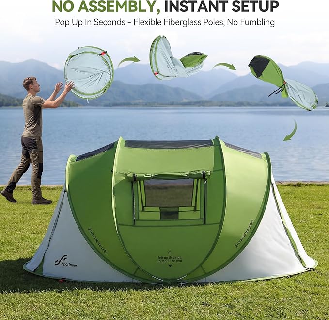 Sportneer Camping Tent: 2 Adults Pop Up Tent with Rain Fly and Carrying Bag - All-Weather Shelter for Camping Backyard Sleepover &amp Beach 2 Doors 3 Top Meshes Easy Set Up Size 110''x78''x51''