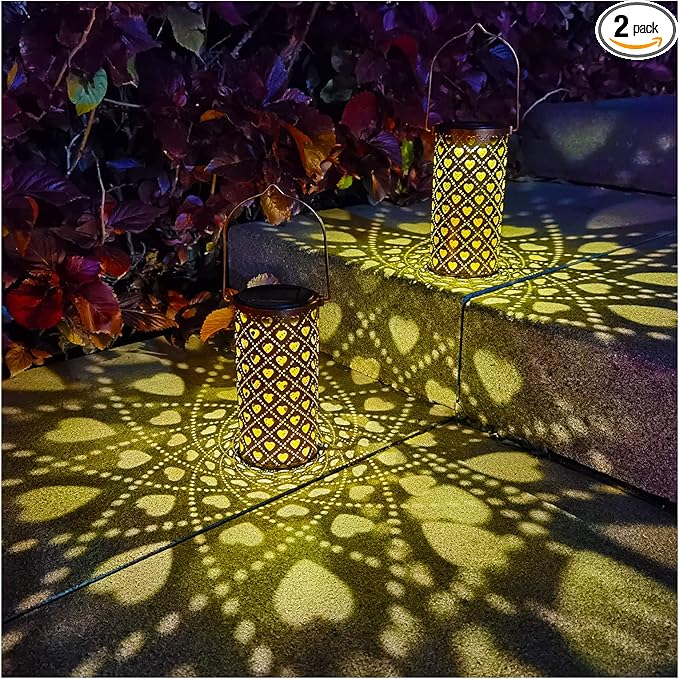 2 Pack Solar Lanterns Outdoor Hanging Heart Pattern Decor LanternWaterproof Hollow Out Metal Decorative Garden LightGraceful Decoration for PatioYardLandscapeWalkwayFestival