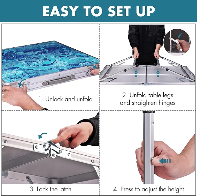 VILLEY Folding Camping Table 4FT Large Portable Aluminum Table with Adjustable Height Foldable Lightweight Picnic Table with Carry Handle for Camping BBQ Outdoor &amp Indoor Activities