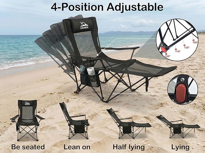HASIKA Reclining Camping Chair with Footrest Ultra-Lightweight Portable Folding Lounge Chair for Outdoor Hiking Picnic Beach 4-Position Adjustable Back Support with Headrest &amp Carry Bag Black