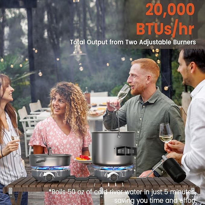 20000 BTUs 2 Burner Propane Camping Stove Portable Folding Camp Stove with Adjustable Burners Built-in Ignition and Carrying Bag Dual Gas Stoves for Tailgating Camping BBQ Overland Grey