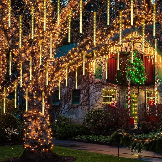 QITONG 2 Pack Extendable Meteor Shower Christmas Lights 16 Tubes 384 LEDs Plug in Christmas String Light Falling Rain Snowfall Light Cascading Lights for Xmas Tree Wedding Party (Warm White)
