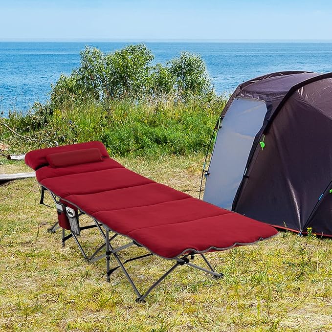 Goplus Camping Cot Folding Camping Cot with Mattress Pillow Carry Bag Storage Pocket Camping Bed Military Cot for Home Office Nap Hiking Heavy-Duty Portable Sleeping Cot for Adults Kids (Wine)