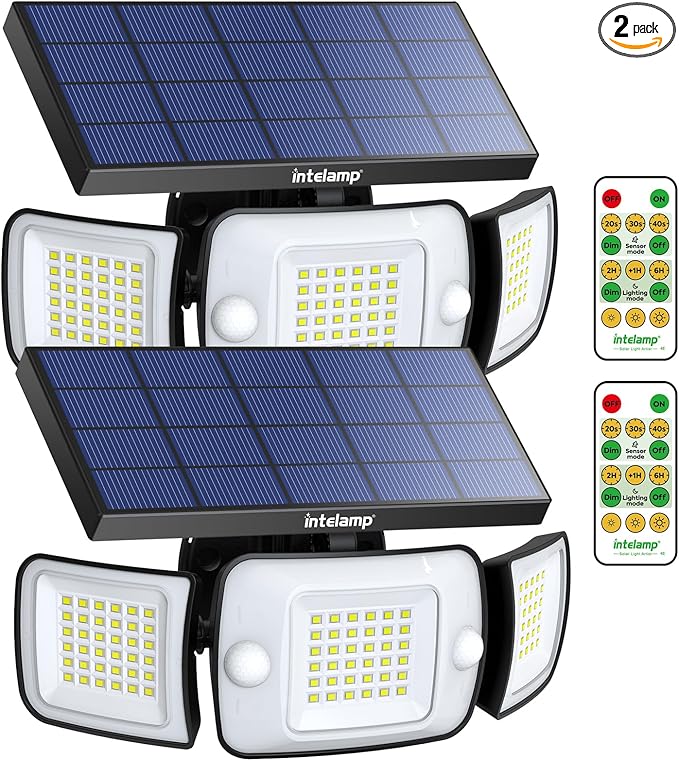 intelamp Solar Outdoor Lights 1200LM 6000mAh Security Lights with Remote Control3 Heads Motion Sensor Light Outdoor IP65 Waterproof270° Wide Angle Flood Wall Lights with 4 Modes