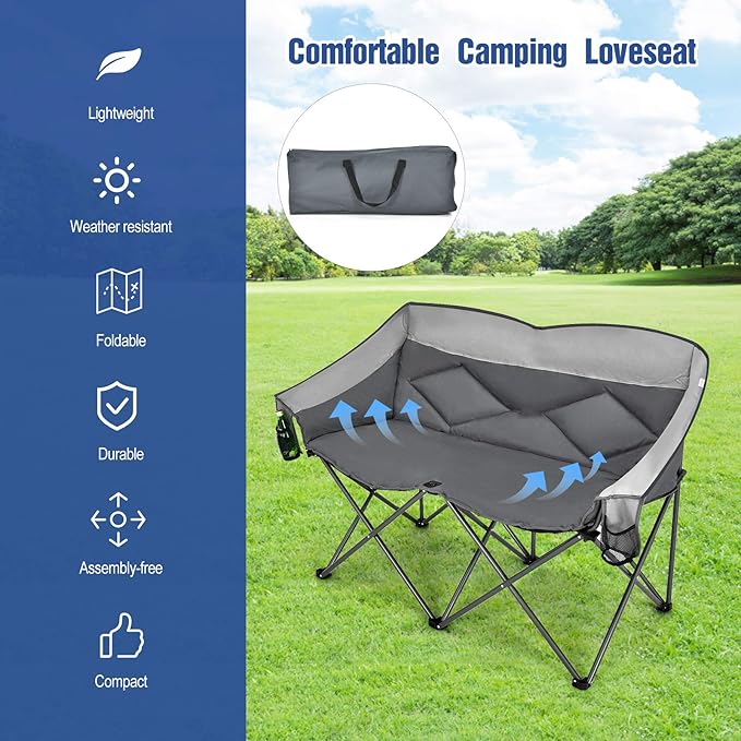 Loveseat Camping Chair Double Folding Chair Support 500 LBS Heavy Duty for 2 Adults Oversize Camp Seat with Storage Bags Backrest Padded Wide Camp Seat for Outside Picnic Beach (Grey)