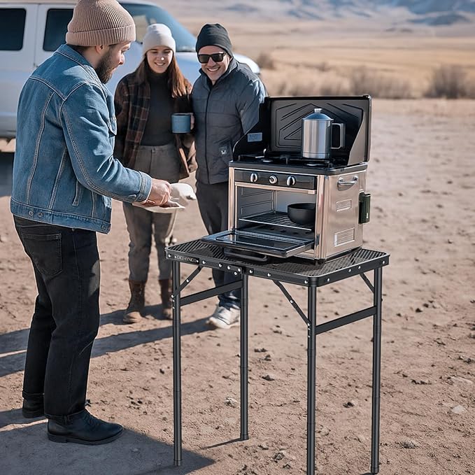 Folding Camping Table 22 x 15 Picnic Table with 3 Adjustable Height Max 27.5 Matte Black Aluminum Folding Table with Handle for Party Dining Garden Patio Market (2-Fold Mesh Tabletop)