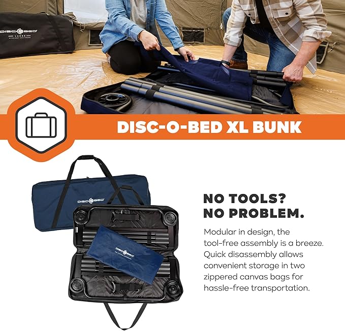 Disc-O-Bed Extra Large Portable Bunk Camping Cots with Carry Bags - Heavy-Duty Indoor or Outdoor Sleeping System Converts to Bench or Separate Beds 500 lb Weight Capacity Per Cot Navy