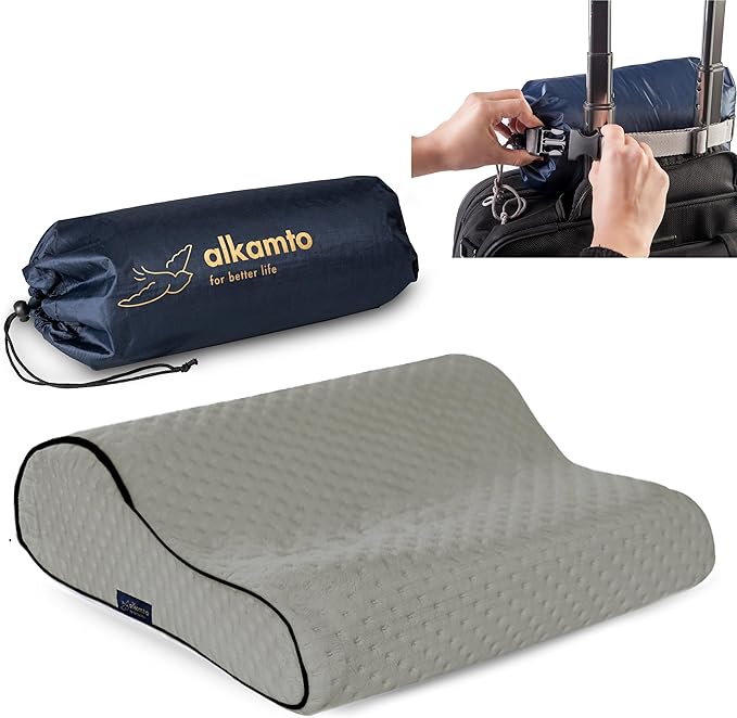 alkamto Travel &amp Camping Comfortable Memory Foam Pillow – Easy to Carry Portable Bag – Temperature Regulating Pillow Case (Grey Contour)