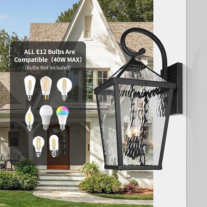 Treekee Outdoor Wall Light Fixture Modern Waterproof Exterior Wall Lantern with E12 Sockets &amp Water Ripple Glass Matte Black Rustic Wall Sconce Porch Lamp for Patio Garage Yard Front Door Ga