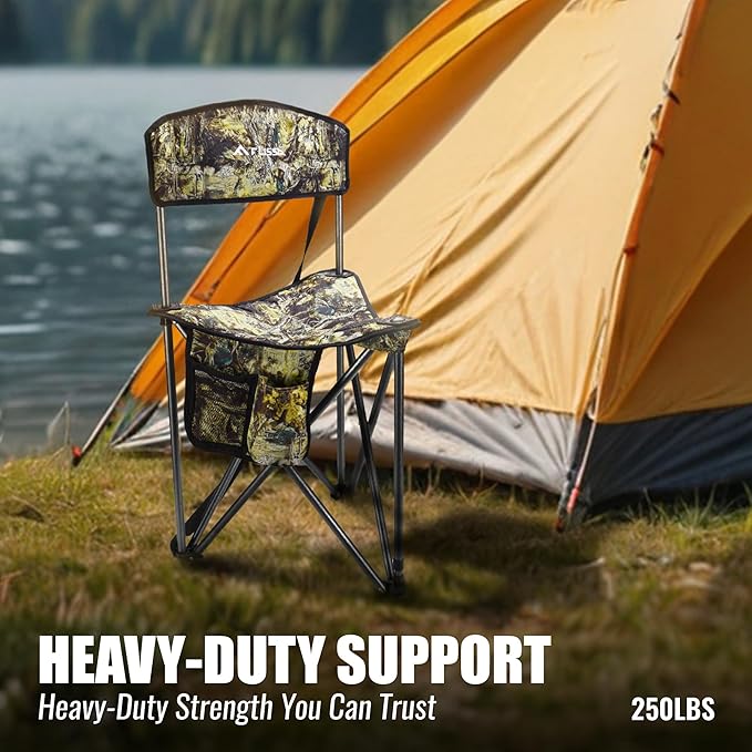 FLISSA Tripod Hunting Chair with Backrest Portable Hunting Stool Supports 250 LBS Foldable Camo Seat with Carry Strap for Hunting Hiking Fishing and Camping