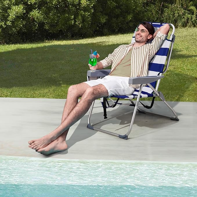 Bonnlo Folding Patio Chair with Headrest &amp Storage Pouch Lightweight Aluminum Frame Supports 220 lbs/100 kg Portable for Travel Lawn Poolside Camping Beach(Sky Stripes)