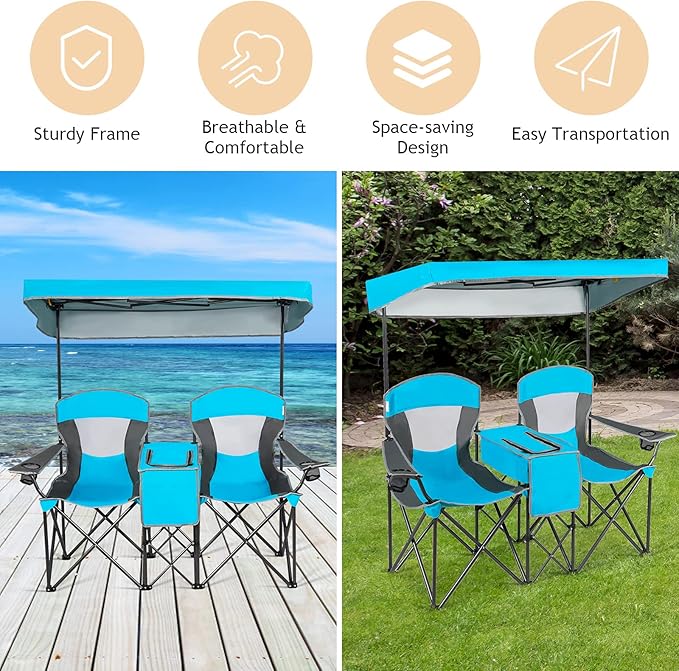 DORTALA Double Camping Chair with Canopy 2 Person Folding Beach Chair with Canopy Shade Table Beverage Holder and Storage Bag Double Rocker Chair Outdoor for Camping Beach Picnic Blue