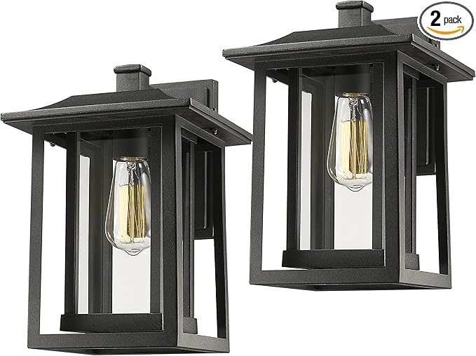 Beionxii Outdoor Light Fixture Dusk to Dawn Exterior Wall Mount Lantern Outside Lights for House Porch Patio Black Cast Aluminum w/Clear Glass (13.5 x 9) - A197W-2PK