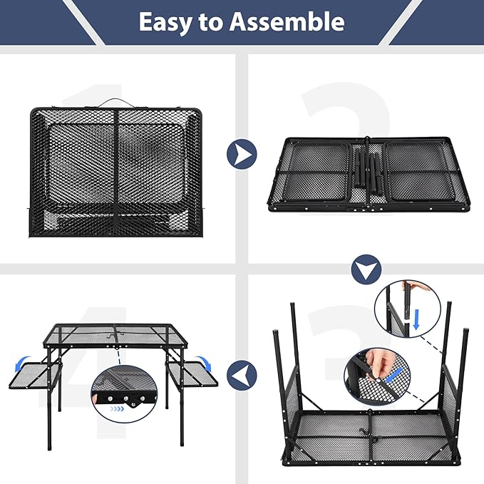 REDCAMP 36x24 Folding Grill Table for Outside with 2 Side Tables Lightweight Portable Metal Aluminum Outdoor Grill Table with Adjustable Height Legs Great for Camping Picnic Cooking BBQ Black 3ft