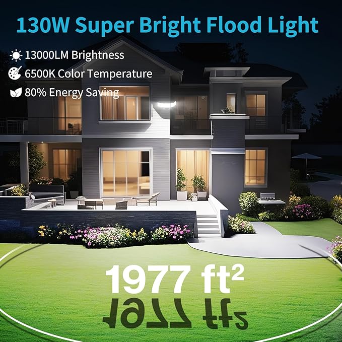 Olafus 130W Flood Light Outdoor Switch Controlled 13000LM LED Security Light IP65 Waterproof Outside Floodlight with 5 Adjustable Heads 6500K Exterior Flood Light Fixture Wired for House Yard Black