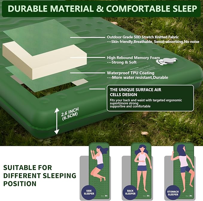 HiiPeak Memory Sleeping Pad Compact Thick Foam Sleeping Mats with Pillow 9.5 R-Value Insulated Camping Mattress Pad Easy Inflate &amp Deflate Inflatable Sleep Mat for Backpacking Hiking Car Tent