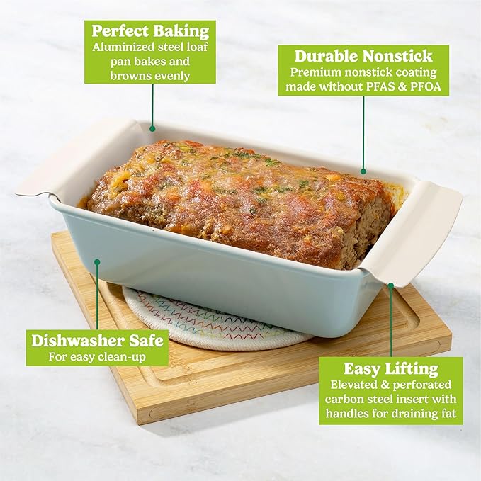 Tasty Smart Solutions Bakeware 9-Inch x 5-Inch Loaf Pan with Easy Lift Insert Durable Steel for Even Baking Premium Nonstick Coating Perforated Insert for Easy Lifting Dishwasher Safe Aqua