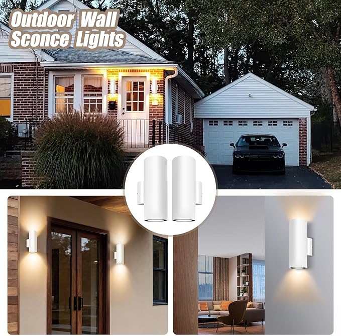 Porch Light in 2 Lights Cylinder Wall Lights 10.24 2 Pack Up Down Lights 2700K Warm White Waterproof Wall Sconce Aluminum Exterior Light Fixture Wall Mount White