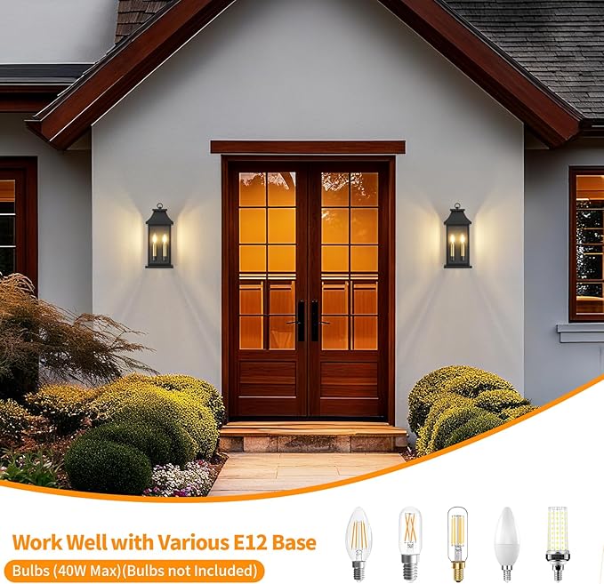 tewei 2-Light Black Outdoor Light Fixture Porch Light Outdoor Wall Sconce Lantern 18'' Exterior Lighting Fixture Wall Mount E12 Gold Base Outside Light for House Backyard Garage 1-Pack
